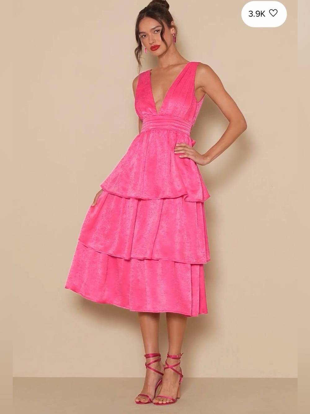 Lulus Peak Party Vibe Hot Pink Satin Tiered Tie-Back Midi Dress Medium